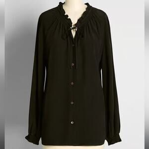 ModCloth Boho Blouse Tie Neck Top Button Down Black Long Bishop Sleeves L
